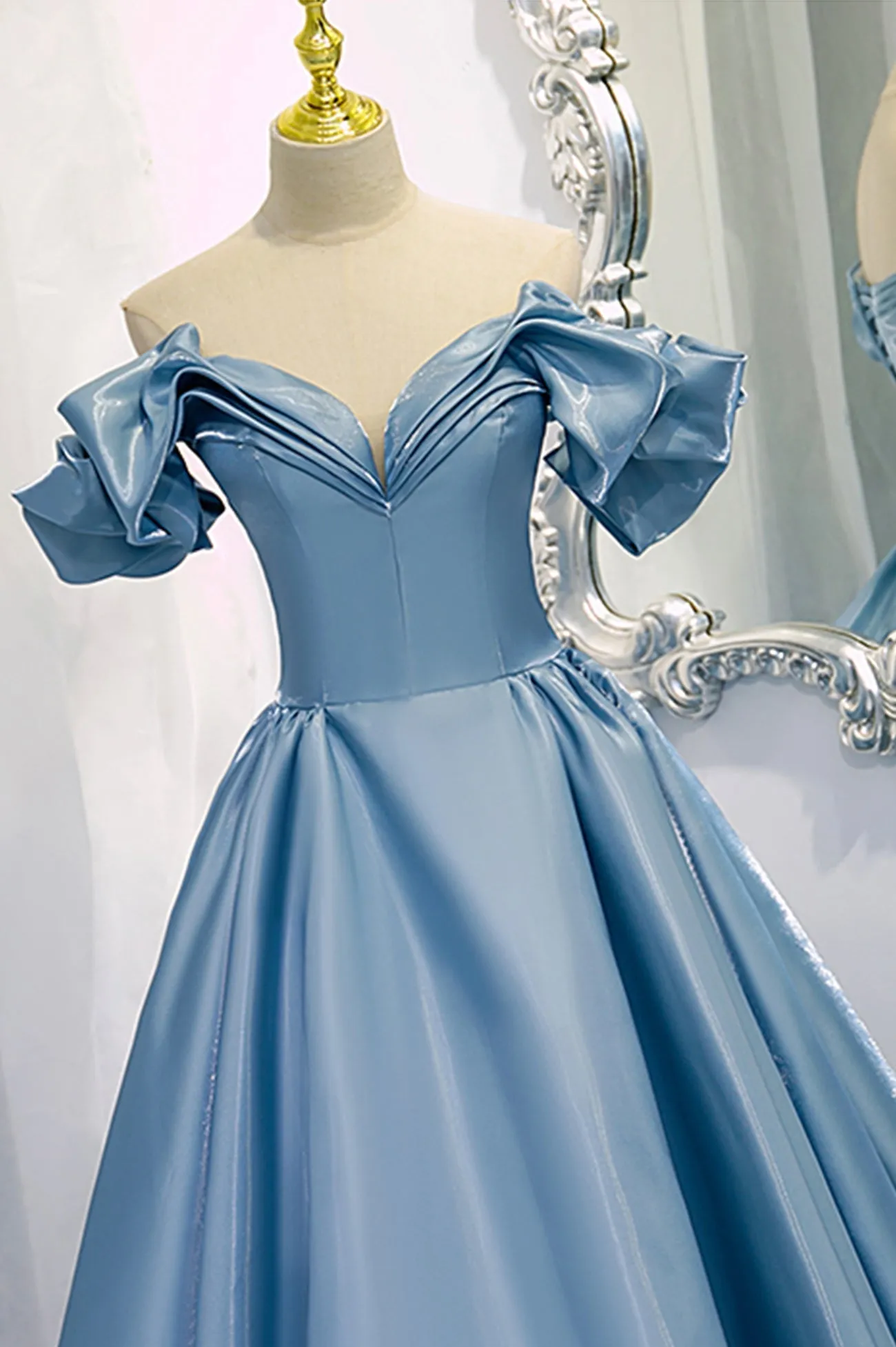 Blue V-Neck Satin Long Prom Dress Off the Shoulder Evening Dress