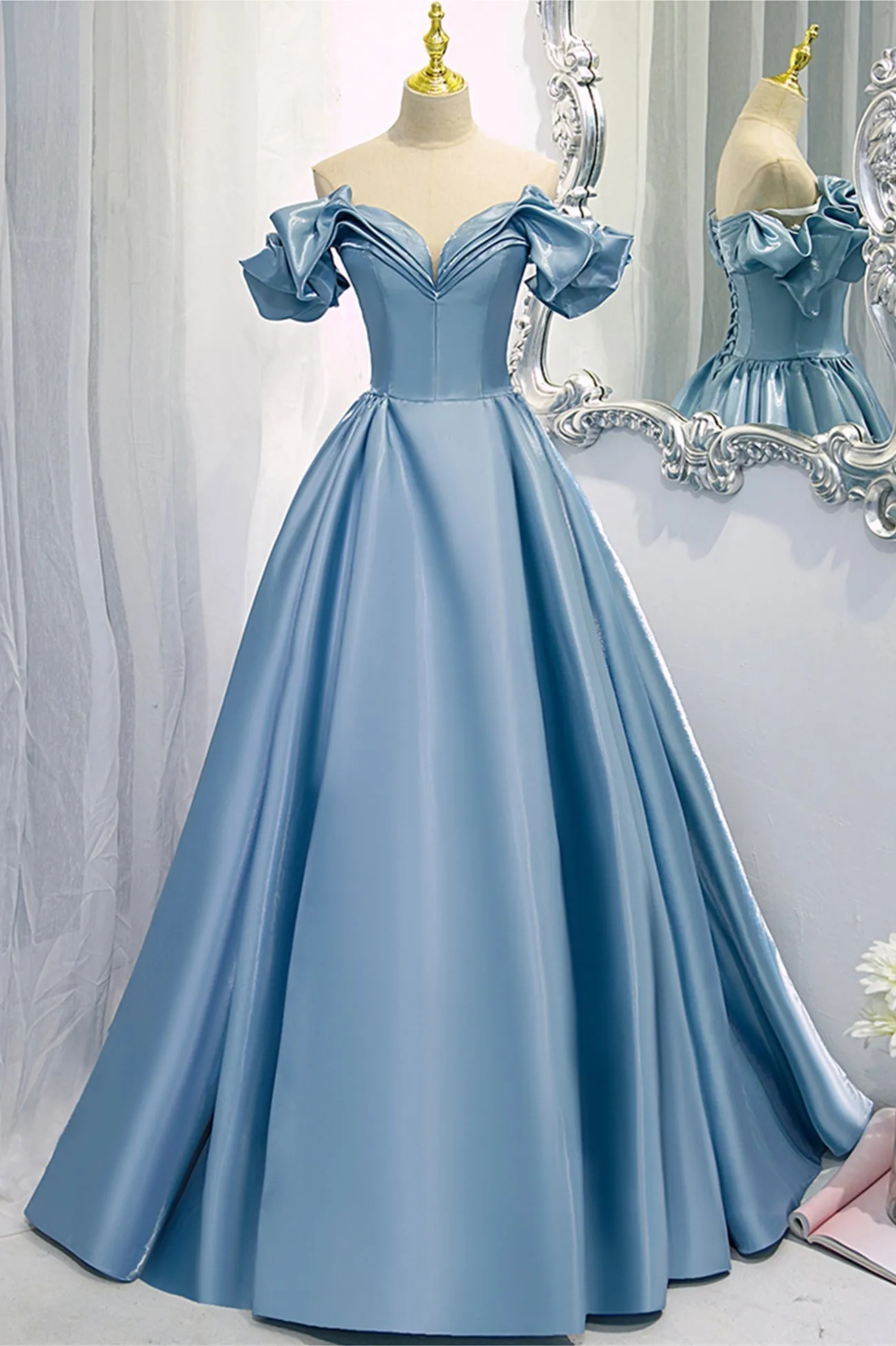 Blue V-Neck Satin Long Prom Dress Off the Shoulder Evening Dress