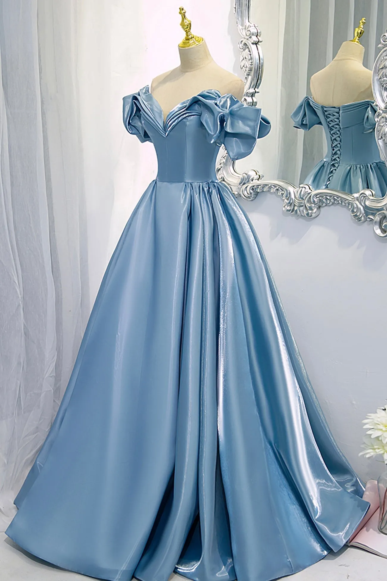 Blue V-Neck Satin Long Prom Dress Off the Shoulder Evening Dress