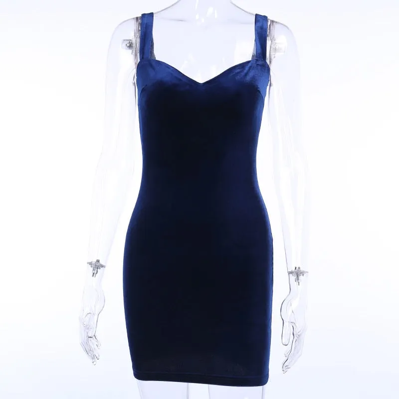 Blue V-Neck Spaghetti Strap Mini Party Sleeveless Skinny Backless Summer Slim Dress