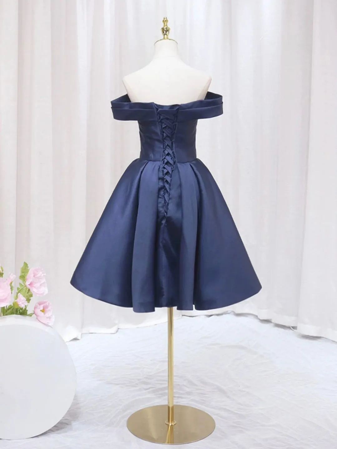 Blue V-neckline Satin Off Shoulder Party Dress A-Line Blue Short Evening Prom Dress