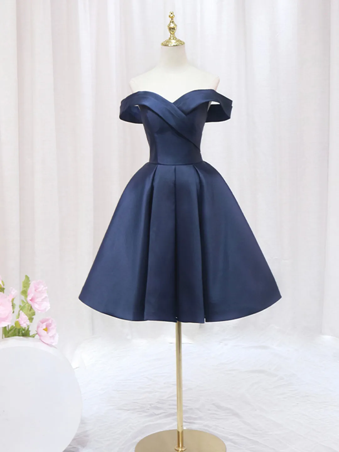 Blue V-neckline Satin Off Shoulder Party Dress A-Line Blue Short Evening Prom Dress