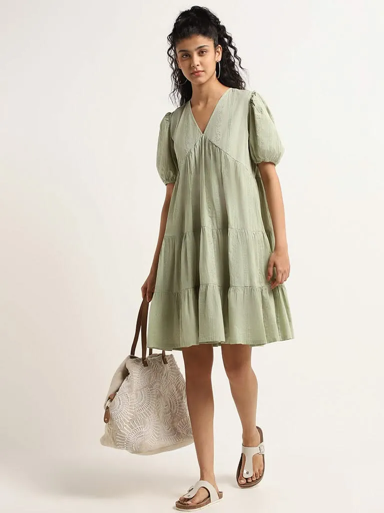 Bombay Paisley Green Embroidered Cotton Tiered Dress