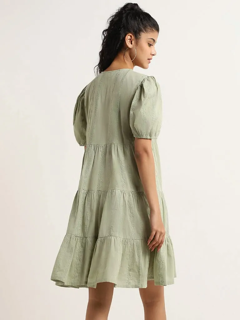 Bombay Paisley Green Embroidered Cotton Tiered Dress