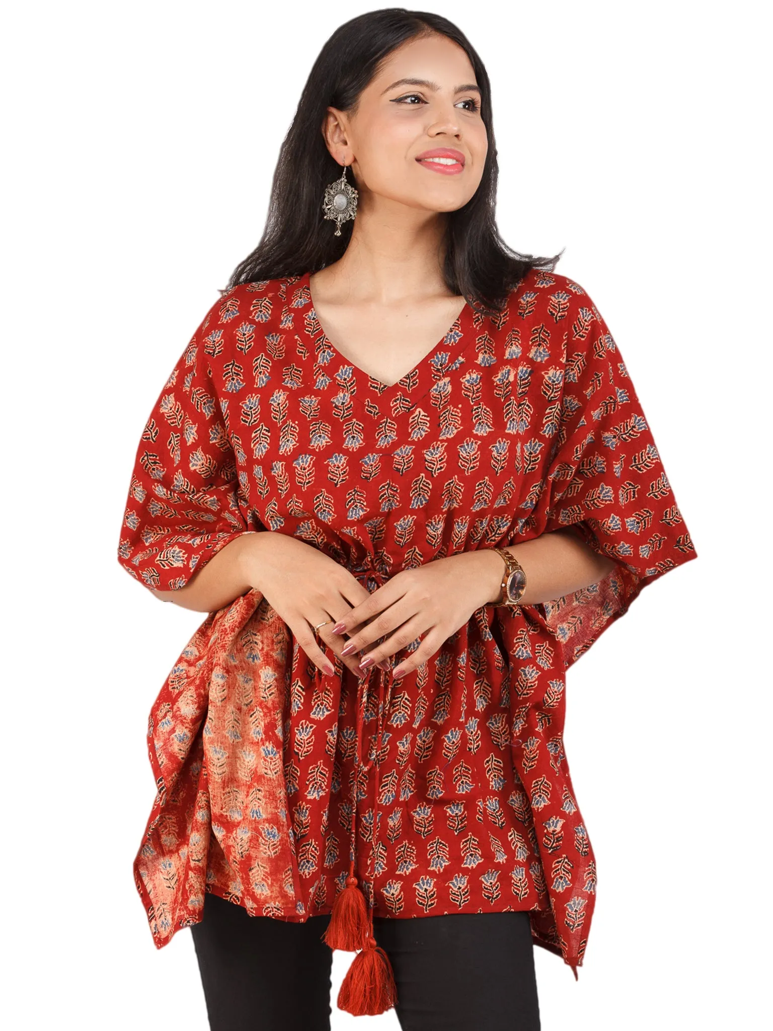 Brick Red Indigo Black Ajrakh Hand Block Printed Kaftan - K156F1652