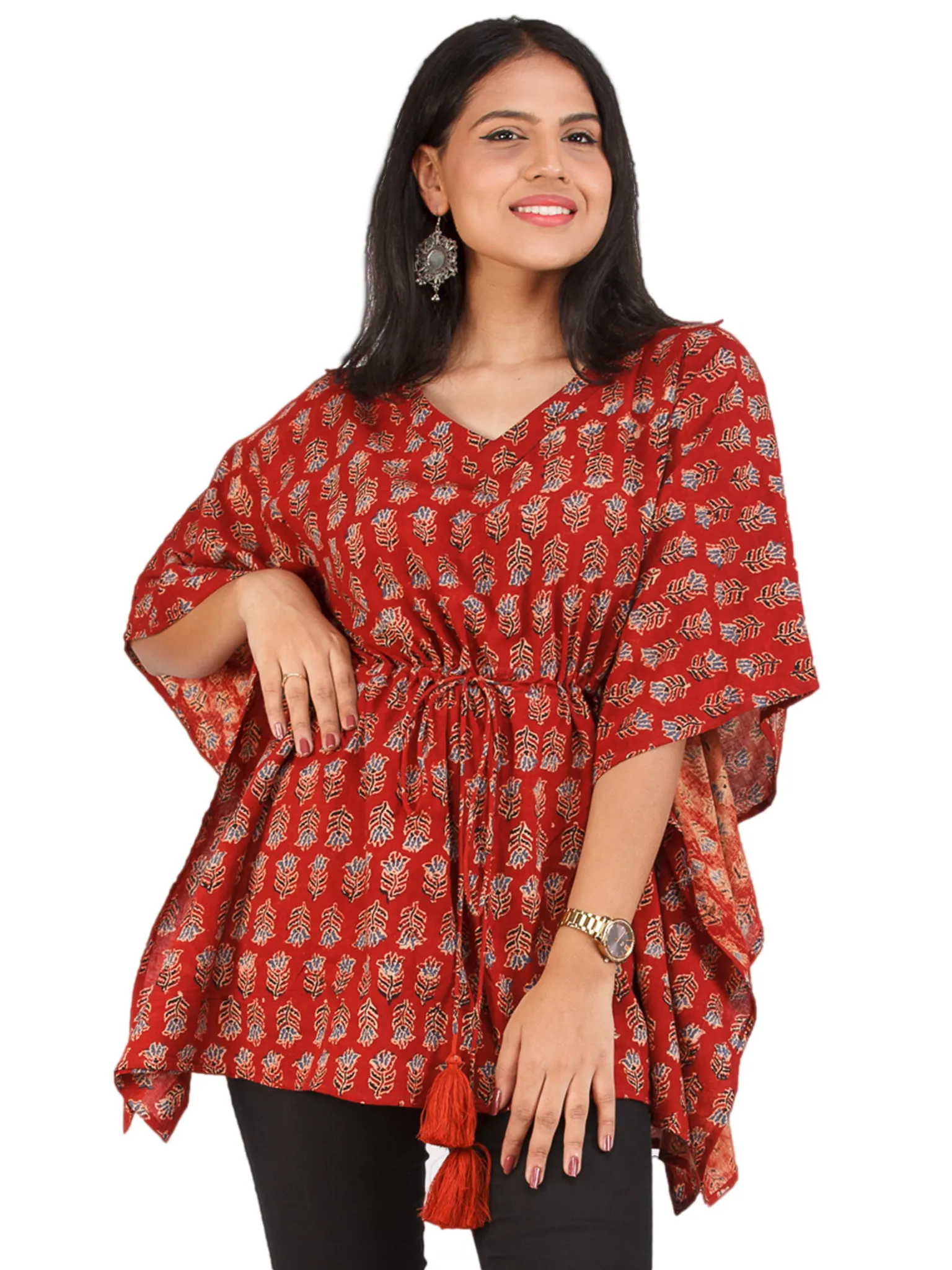 Brick Red Indigo Black Ajrakh Hand Block Printed Kaftan - K156F1652