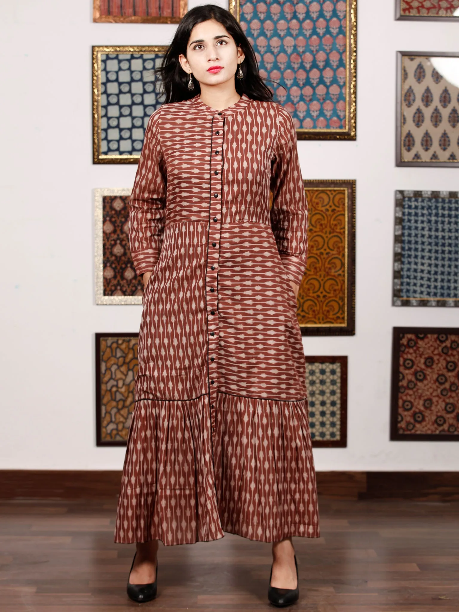 Brown Ivory Hand Woven Ikat Front Open Tier Dress With Pockets - D193F1039