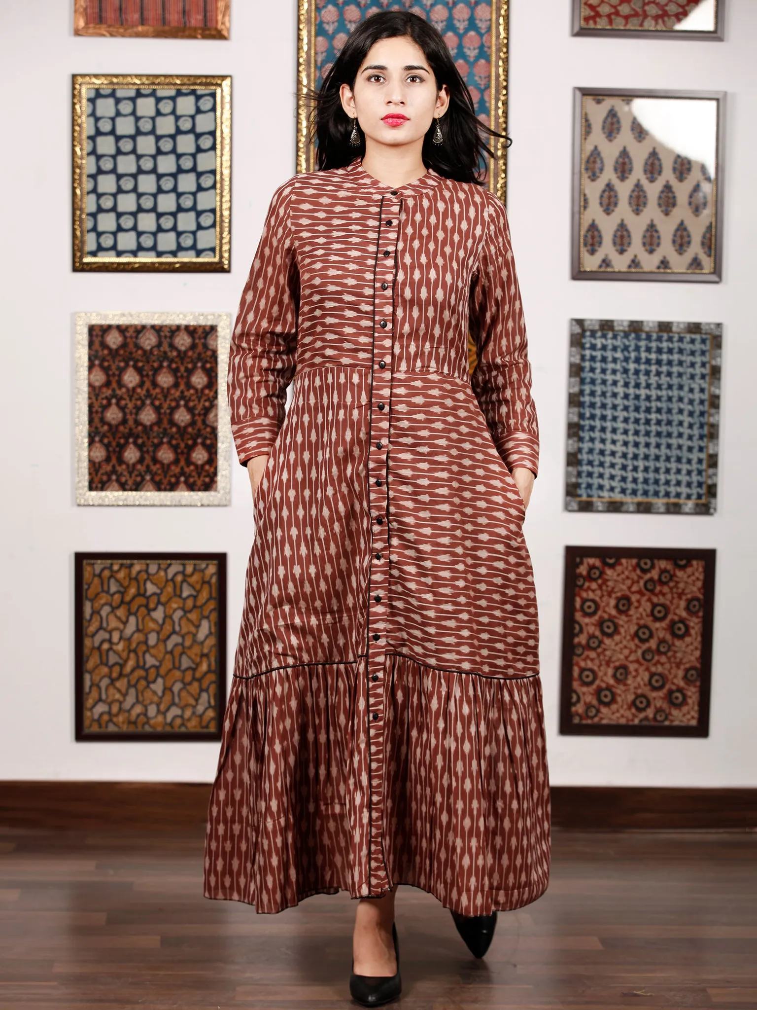 Brown Ivory Hand Woven Ikat Front Open Tier Dress With Pockets - D193F1039