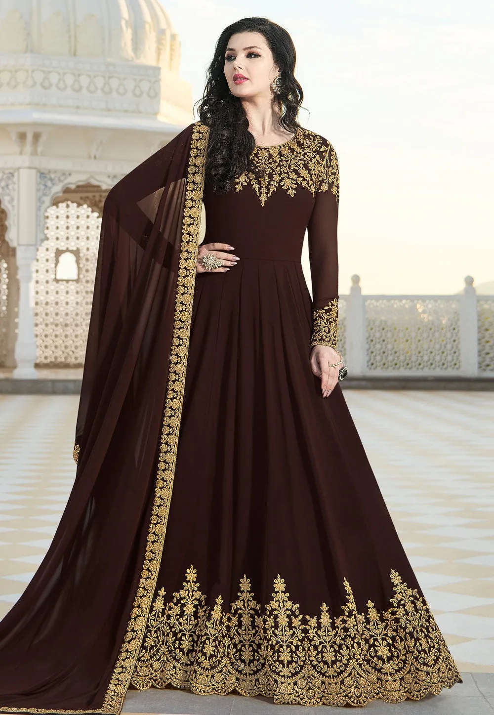 Brown Overall Elegant Embroidered Anarkali Suit