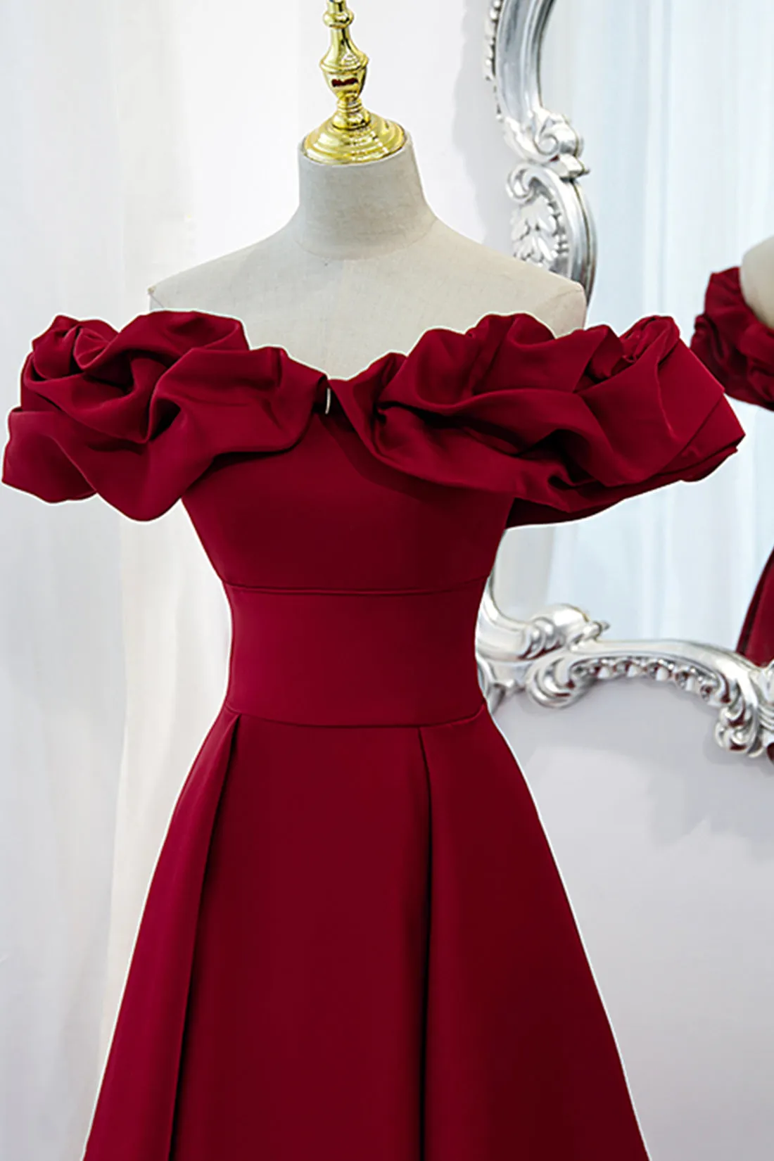 Burgundy Satin Long Prom Dress A-Line Off Shoulder Evening Party Dress