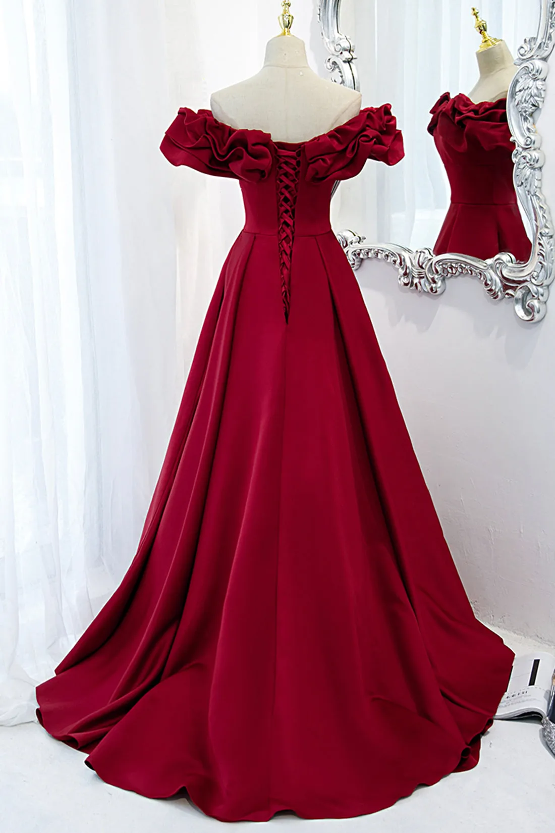 Burgundy Satin Long Prom Dress A-Line Off Shoulder Evening Party Dress