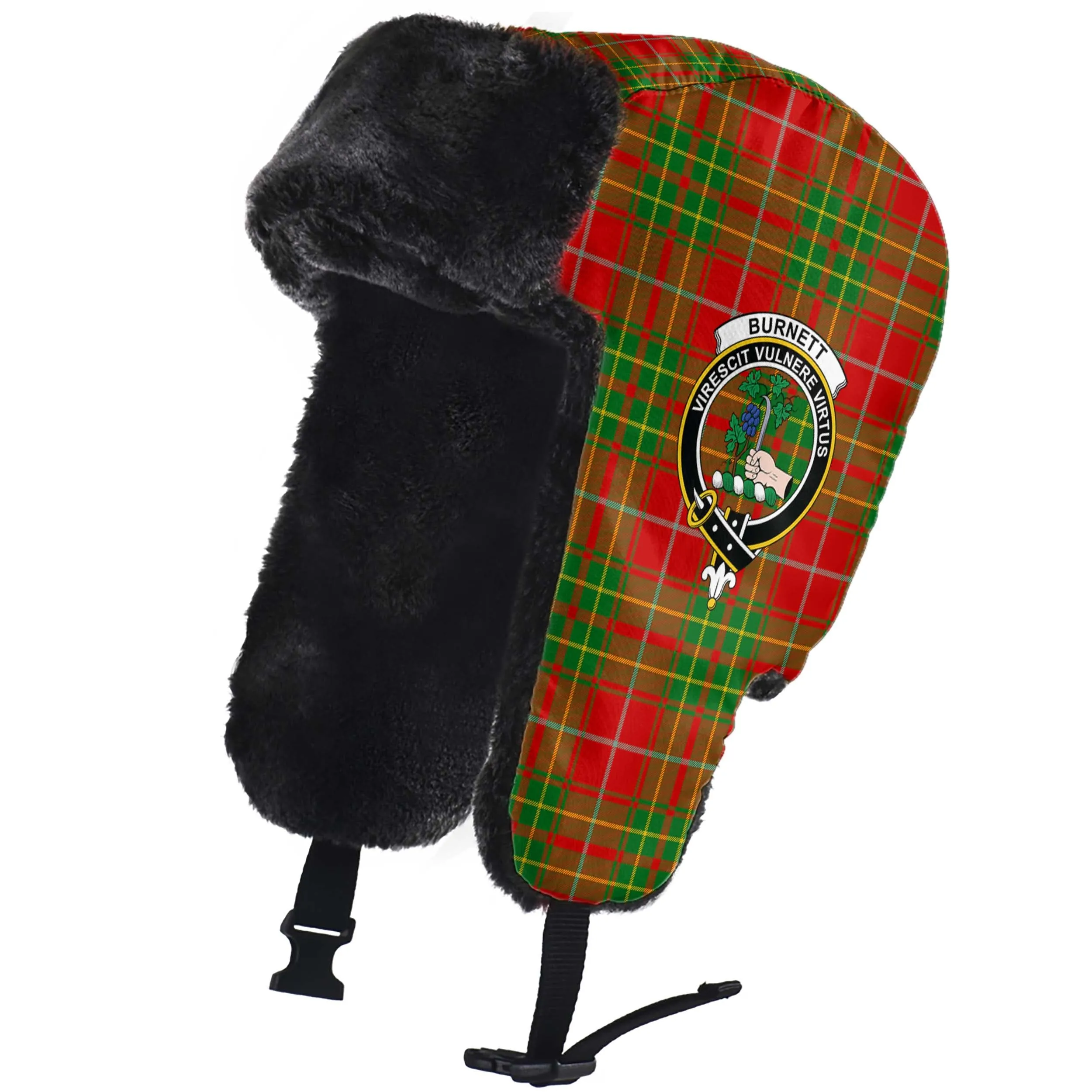 Burnett Tartan Winter Trapper Hat with Family Crest