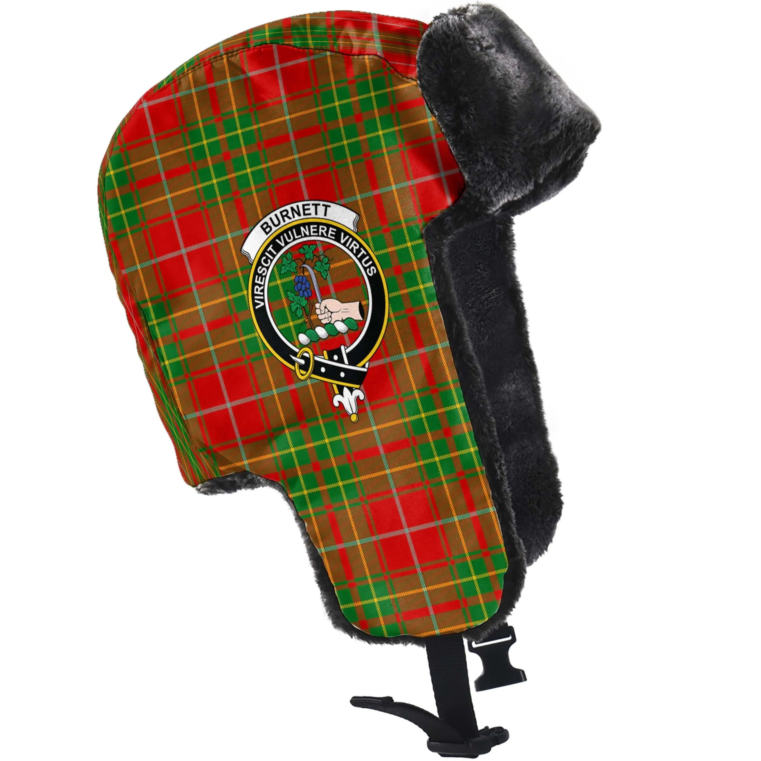 Burnett Tartan Winter Trapper Hat with Family Crest