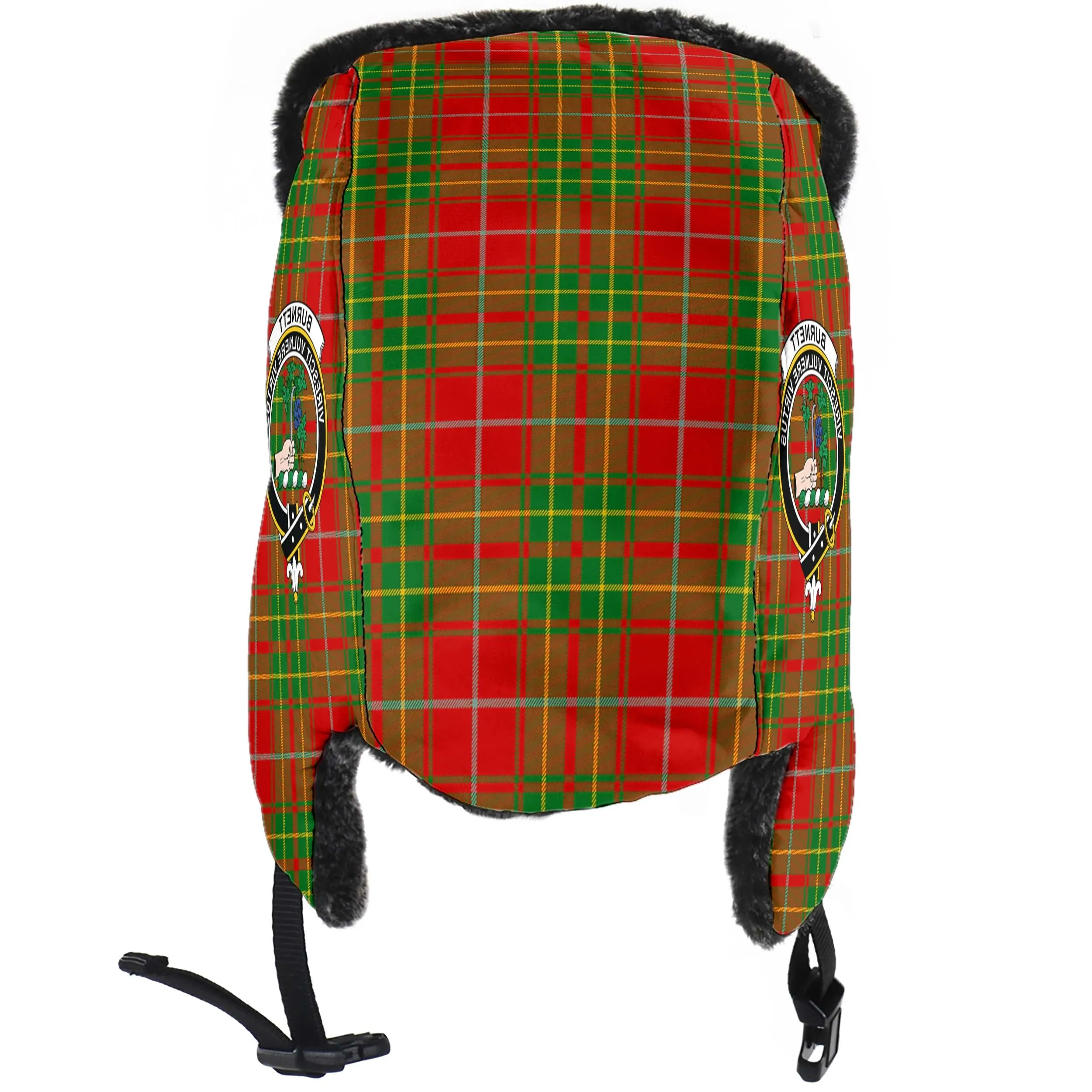 Burnett Tartan Winter Trapper Hat with Family Crest