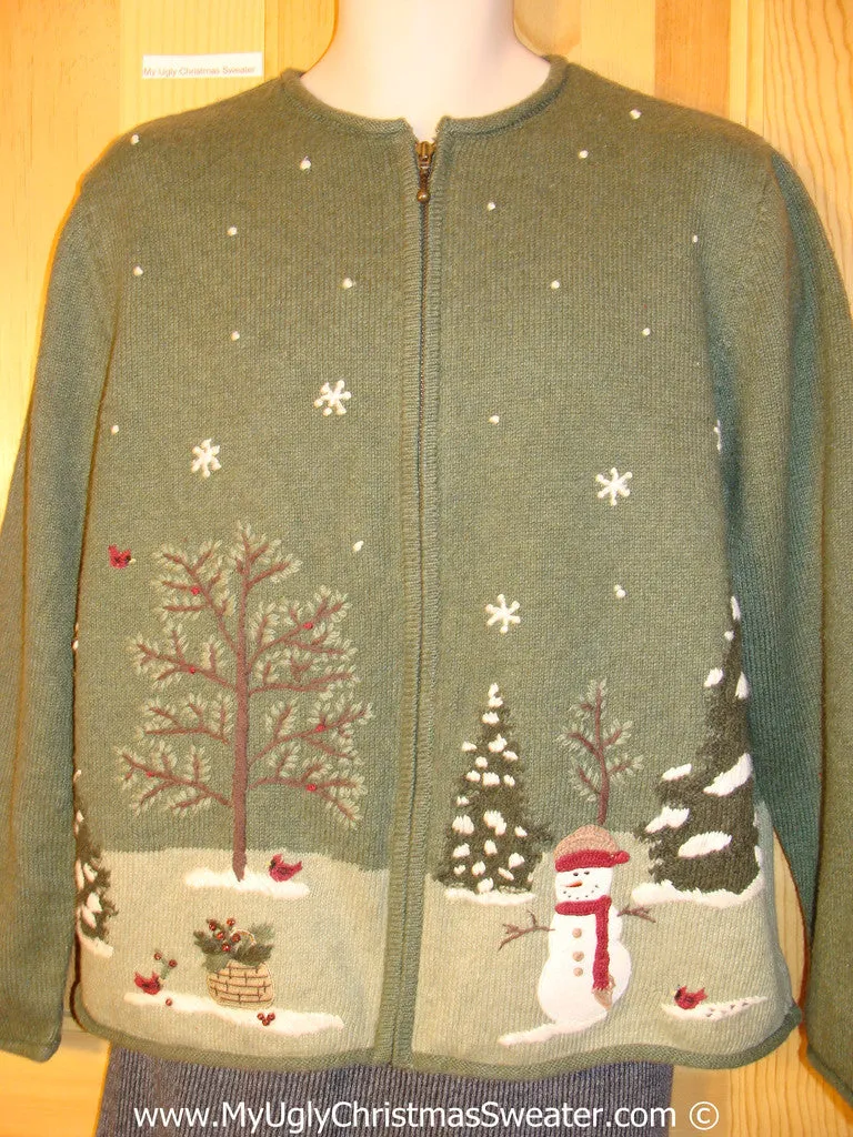 Cheap Tacky Cheesy Holiday Sweater with Snowman and Winter Wonderland (f1172)