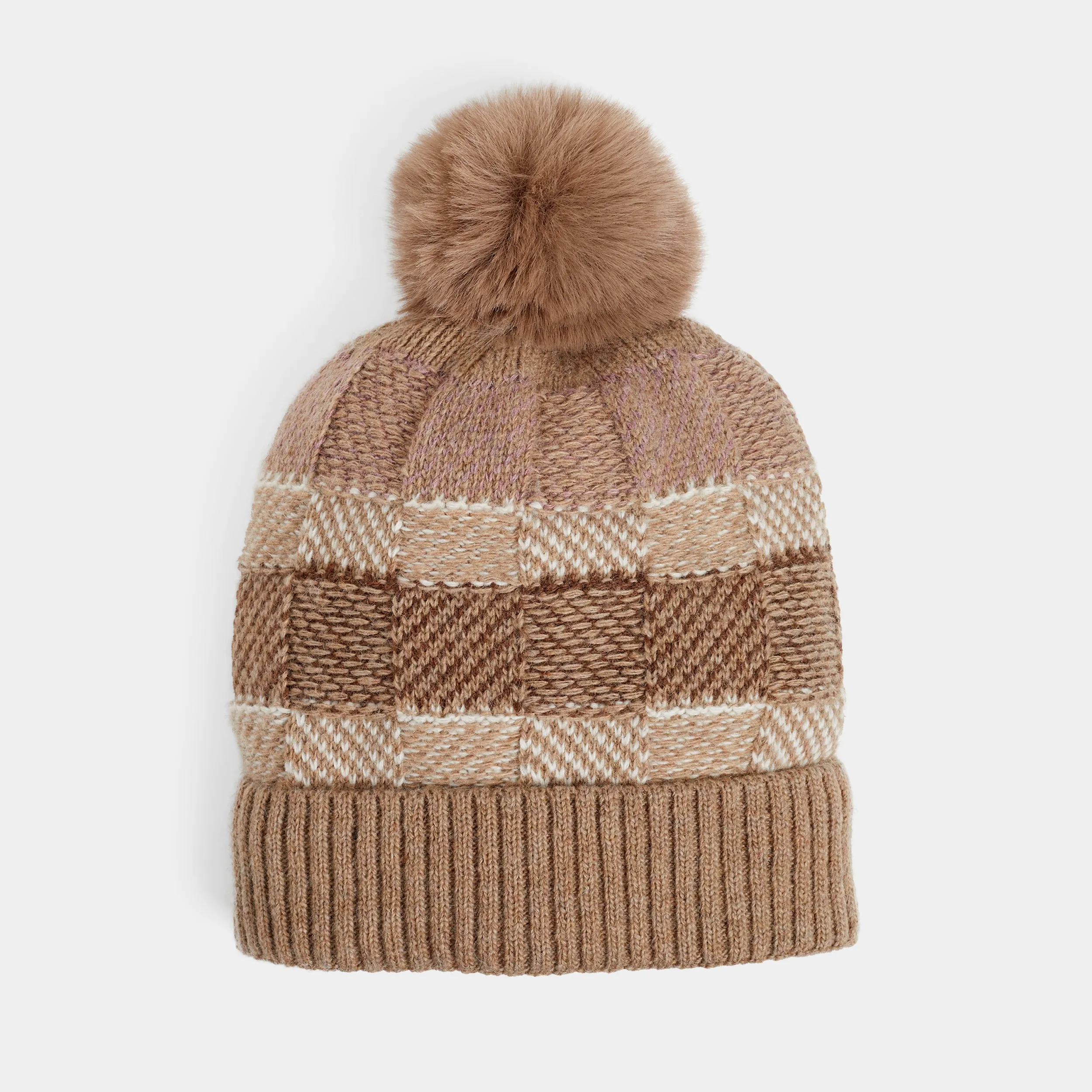 Checkerboard Winter Knit Hat - Brown