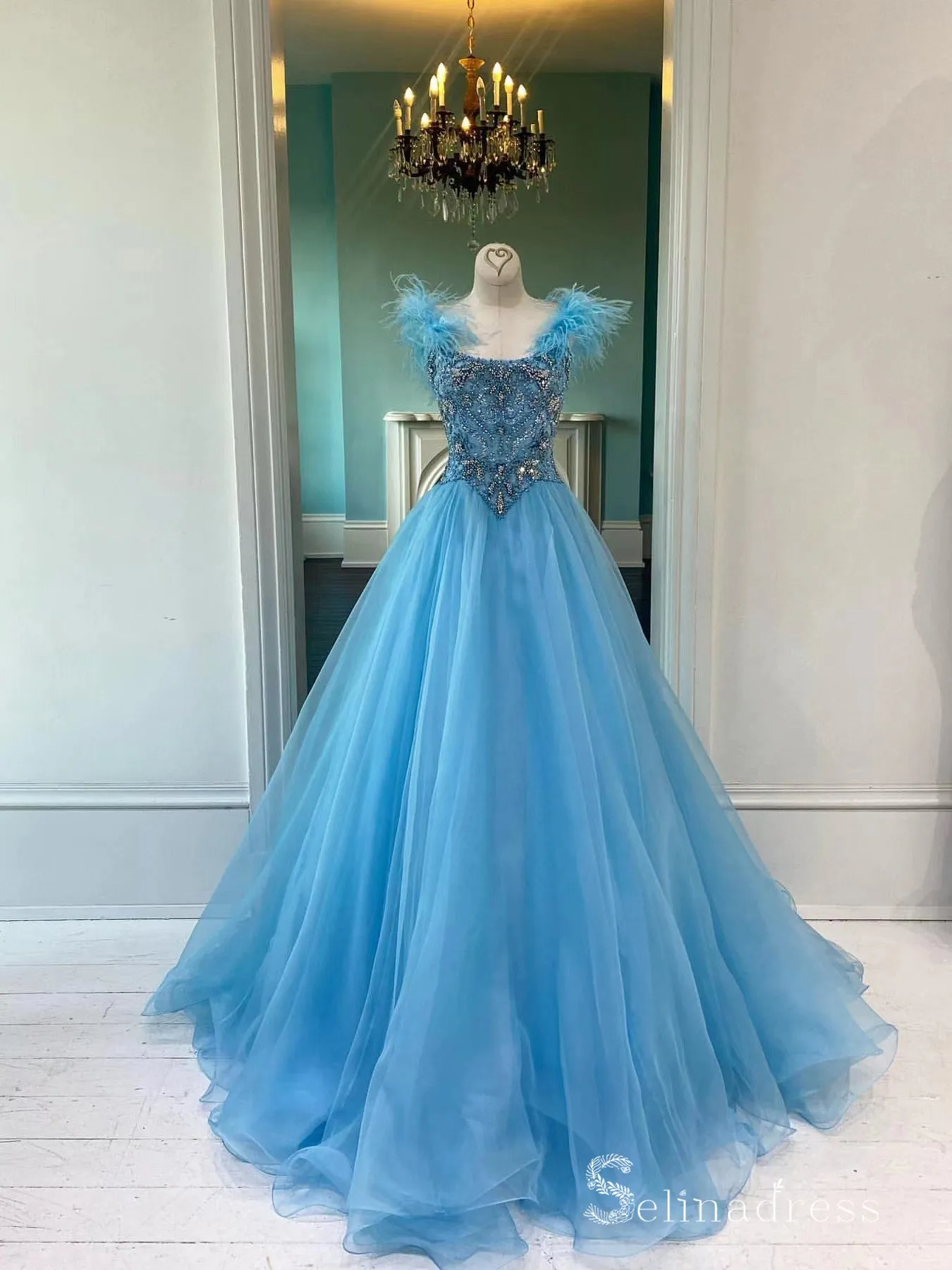 Chic A-line Blue Beading Long Prom Dresses Modest Evening Dresses MLH2021