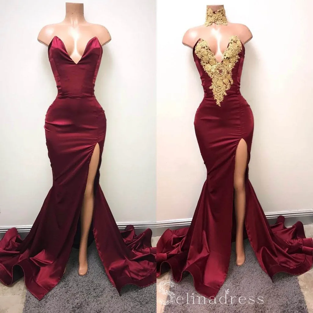 Chic A-line Mermaid Sexy Long Prom Dresses Burgundy Gold African Prom Dress CBD395