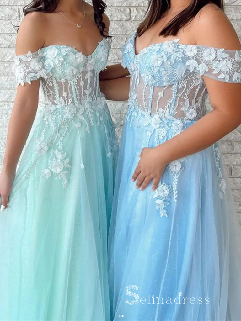 Chic A-line Off-the-Shoulder Applique Long Prom Dresses Cheap Evening Dresses MLH1227