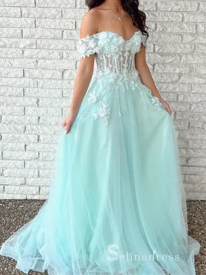 Chic A-line Off-the-Shoulder Applique Long Prom Dresses Cheap Evening Dresses MLH1227