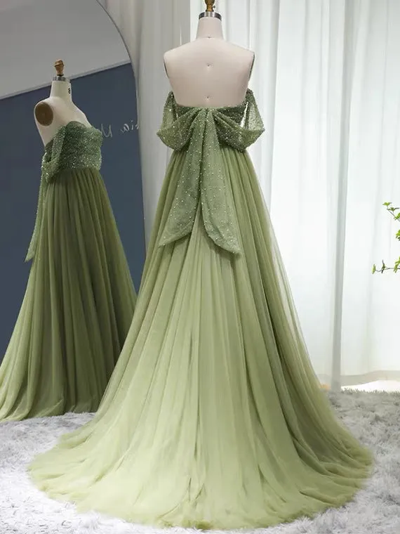 Chic A-line Off-the-shoulder Beaded Prom Dress Green Evening Gowns #OPS006