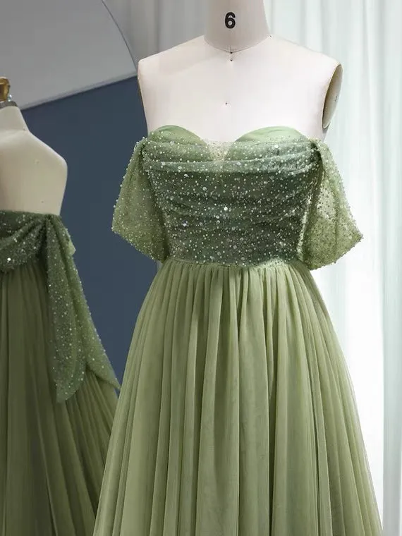 Chic A-line Off-the-shoulder Beaded Prom Dress Green Evening Gowns #OPS006