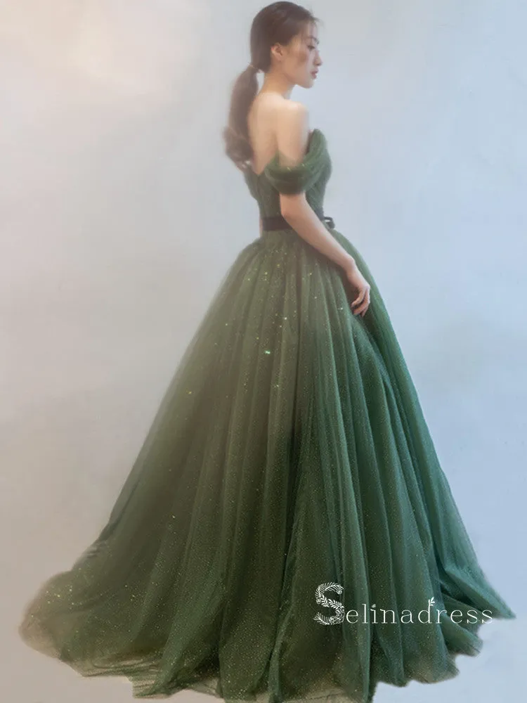 Chic A-line Off-the-shoulder Dark Green Long Prom Dresses Sparkly Evening Dress MSK002