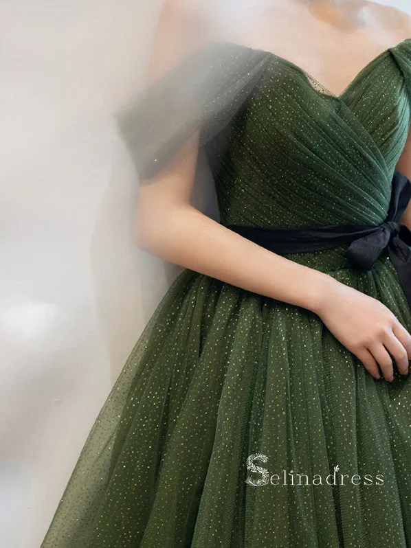 Chic A-line Off-the-shoulder Dark Green Long Prom Dresses Sparkly Evening Dress MSK002