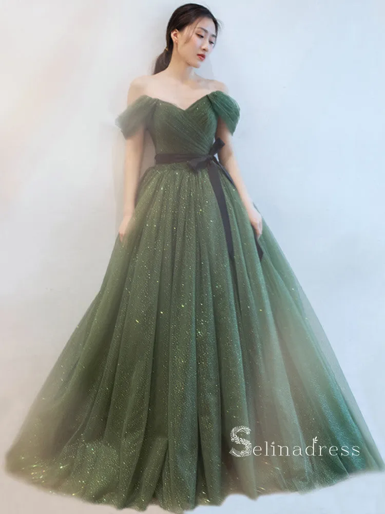 Chic A-line Off-the-shoulder Dark Green Long Prom Dresses Sparkly Evening Dress MSK002