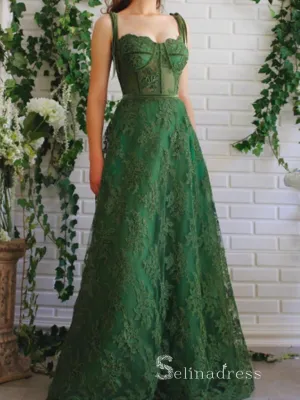 Chic A-line Spaghetti Straps Green Lace Long Prom Dresses Beautiful Evening Dresses MLH1222