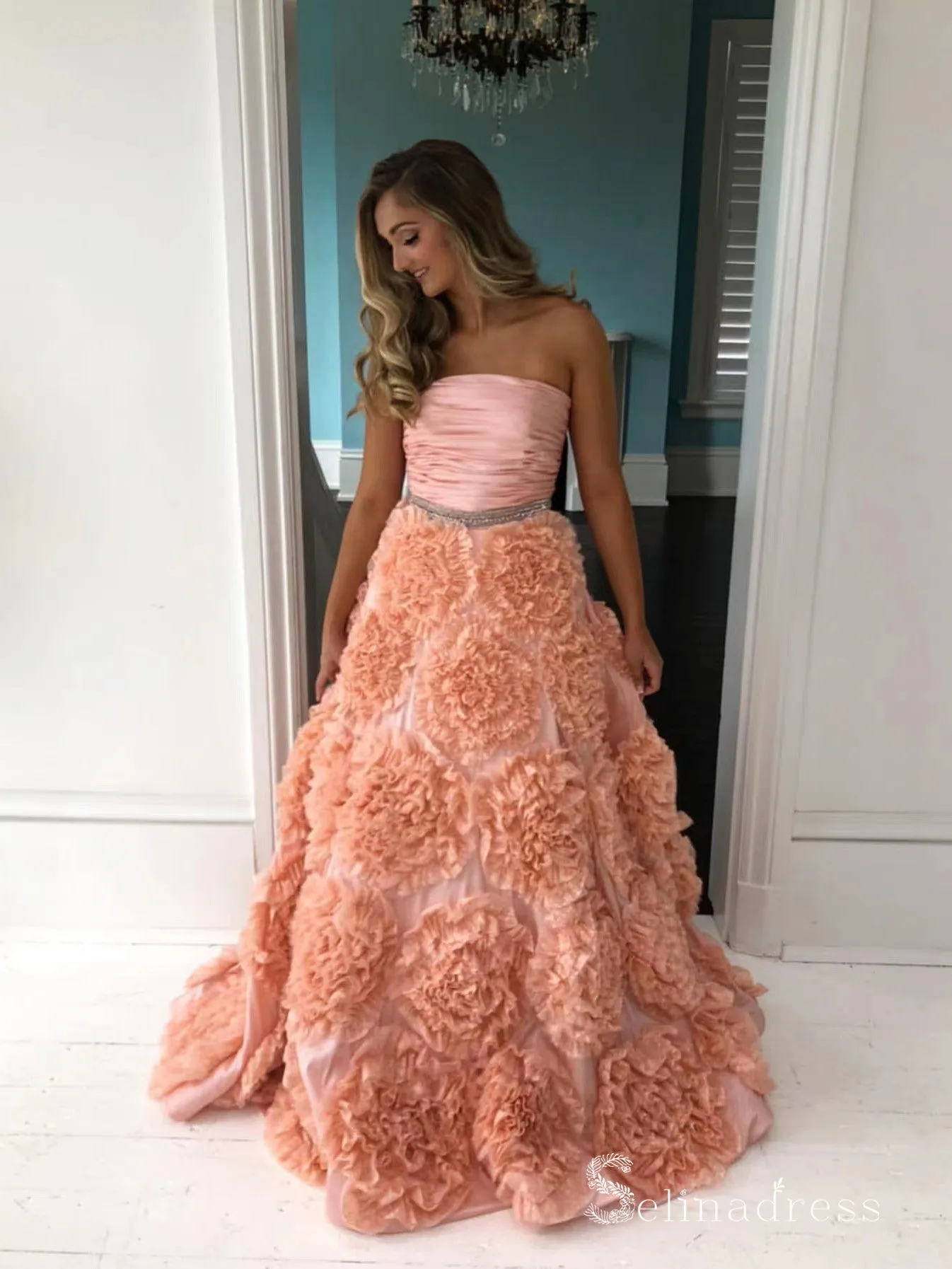 Chic A-line Strapless Ruffles Long Prom Dresses Modest Evening Dresses MLH2022