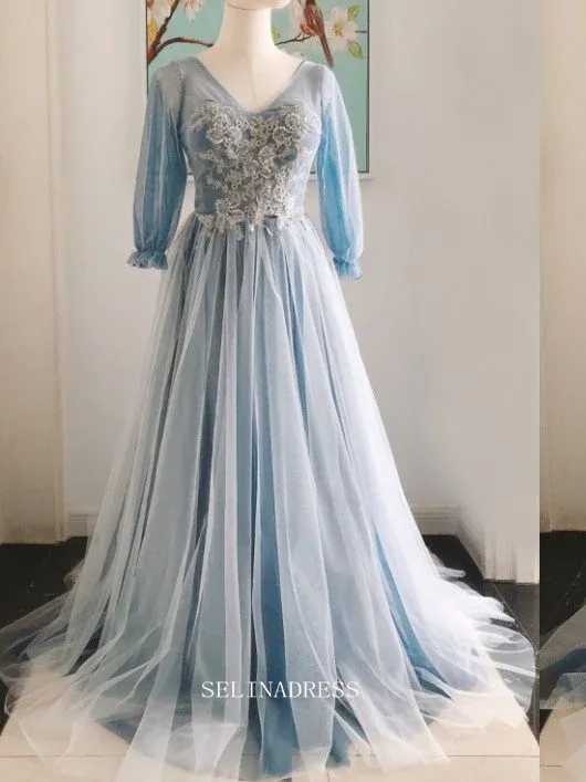 Chic A-line V neck Blue Long Prom Dresses With Long Sleeve Princess Dresses Long Formal Dress OSTY053