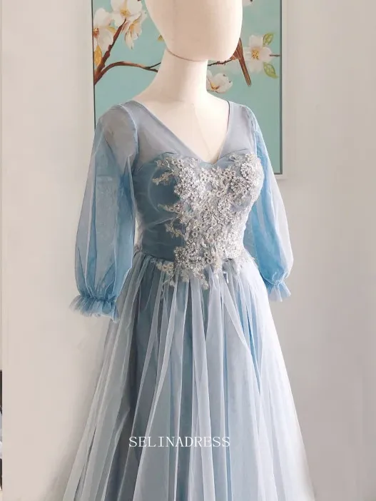 Chic A-line V neck Blue Long Prom Dresses With Long Sleeve Princess Dresses Long Formal Dress OSTY053