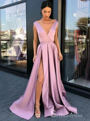 Chic A-line V neck Pink Long Prom Dresses Satin Evening Dress CBD216