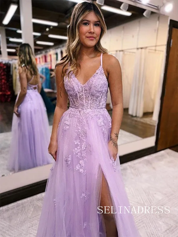 Chic Charming Spaghetti Straps Lilac Prom Dresses With Silt Evening Dress lpk525