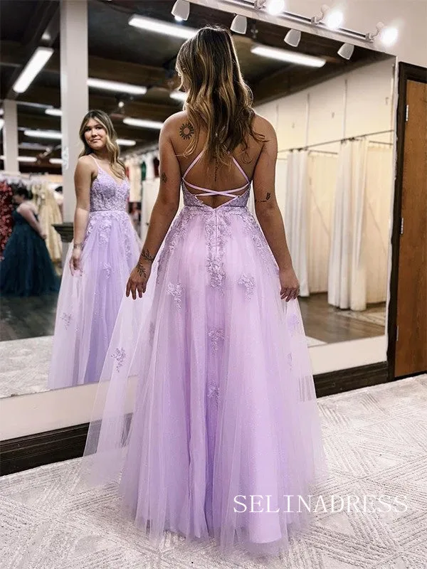 Chic Charming Spaghetti Straps Lilac Prom Dresses With Silt Evening Dress lpk525