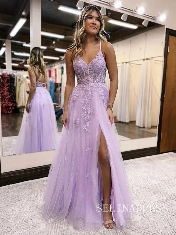 Chic Charming Spaghetti Straps Lilac Prom Dresses With Silt Evening Dress lpk525