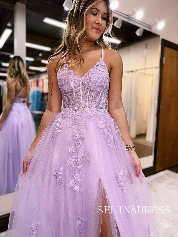 Chic Charming Spaghetti Straps Lilac Prom Dresses With Silt Evening Dress lpk525