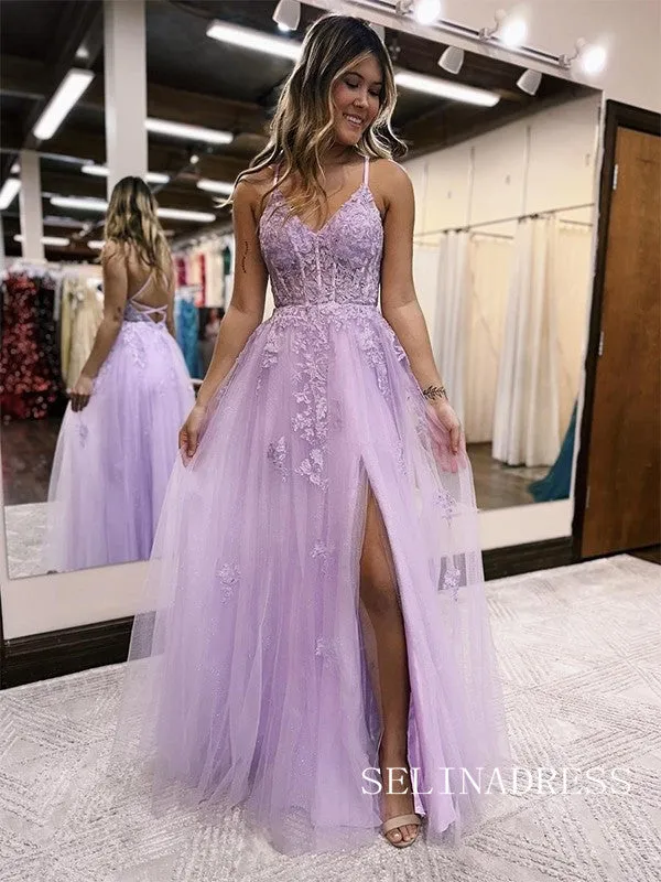 Chic Charming Spaghetti Straps Lilac Prom Dresses With Silt Evening Dress lpk525