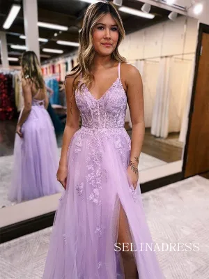 Chic Charming Spaghetti Straps Lilac Prom Dresses With Silt Evening Dress lpk525