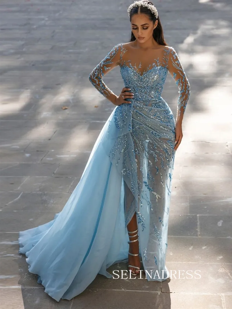 Chic Long Sleeve Evening Prom Gowns Light Sky Blue Elegant Evening Dress SEW0162