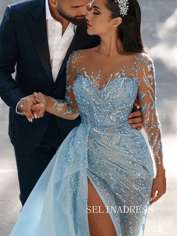 Chic Long Sleeve Evening Prom Gowns Light Sky Blue Elegant Evening Dress SEW0162