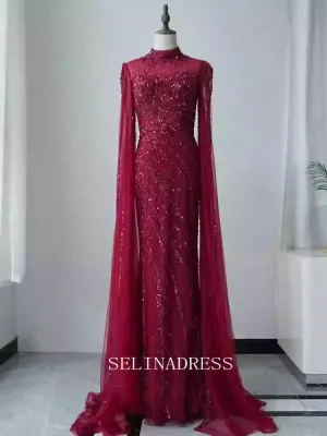 Chic Mermaid High Neck Long Sleeve Beaded Prom Dresses Elegant Evening Dress TKL3088