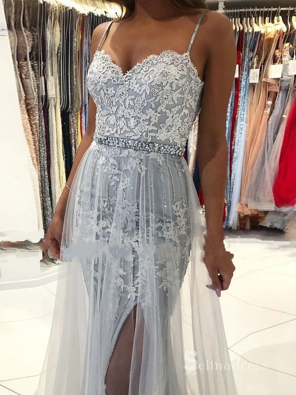 Chic Mermaid Spaghetti Straps Gray Long Prom Dresses Applique Evening Dresses MLH1224