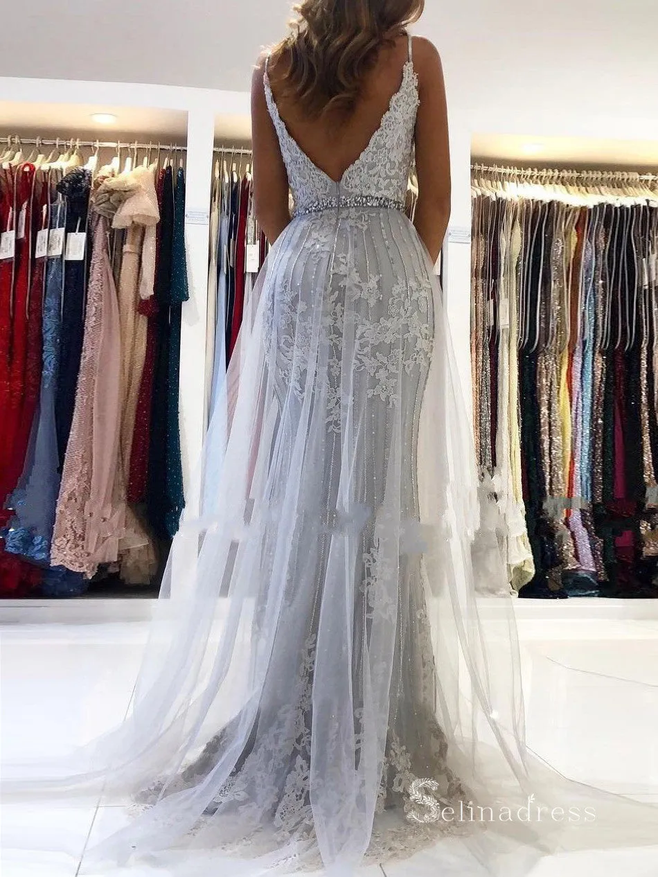 Chic Mermaid Spaghetti Straps Gray Long Prom Dresses Applique Evening Dresses MLH1224