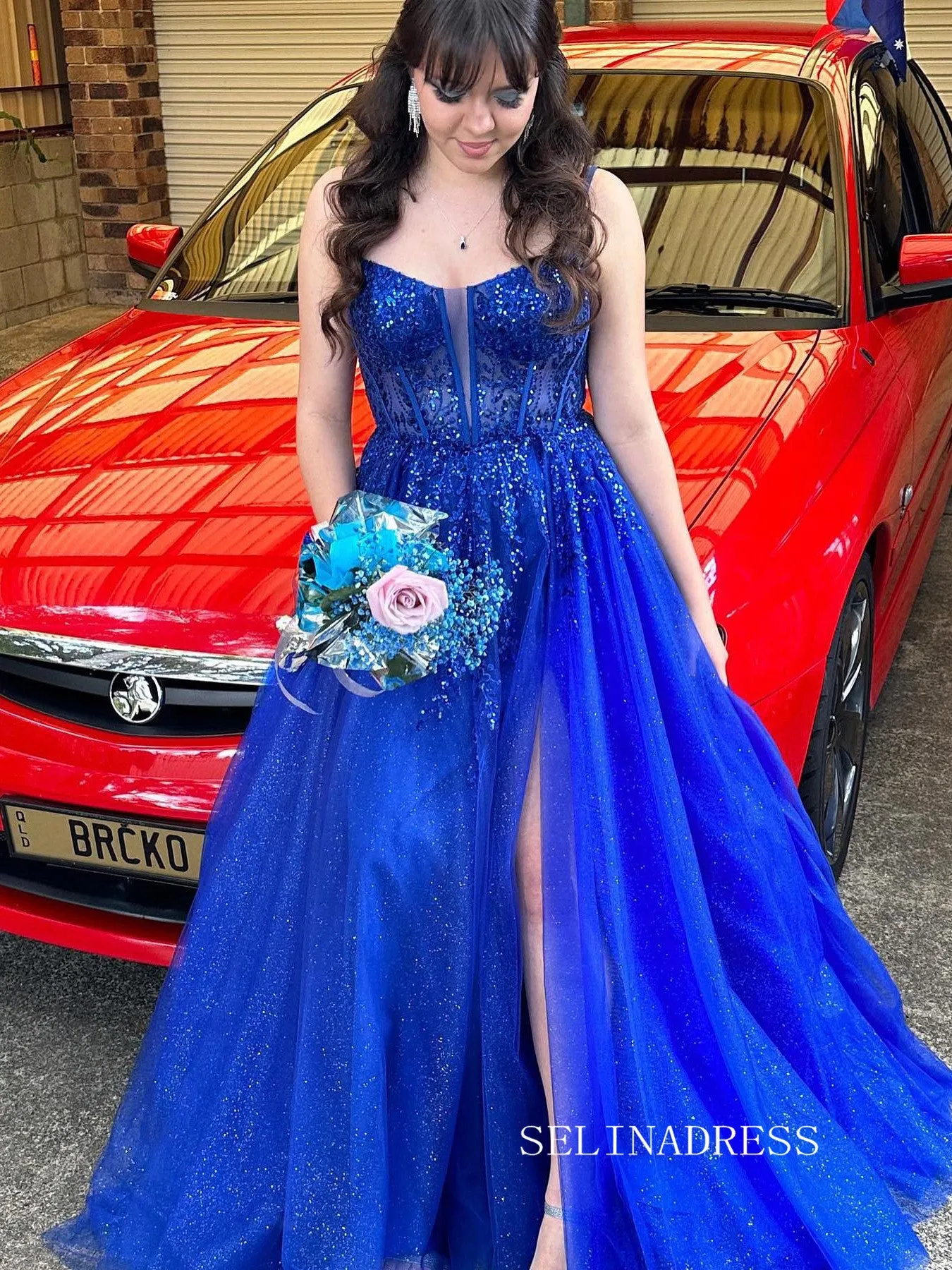 Chic Spaghetti Straps Royal Blue Long Prom Dresses Elegant Beaded Evening Dress SEW0195