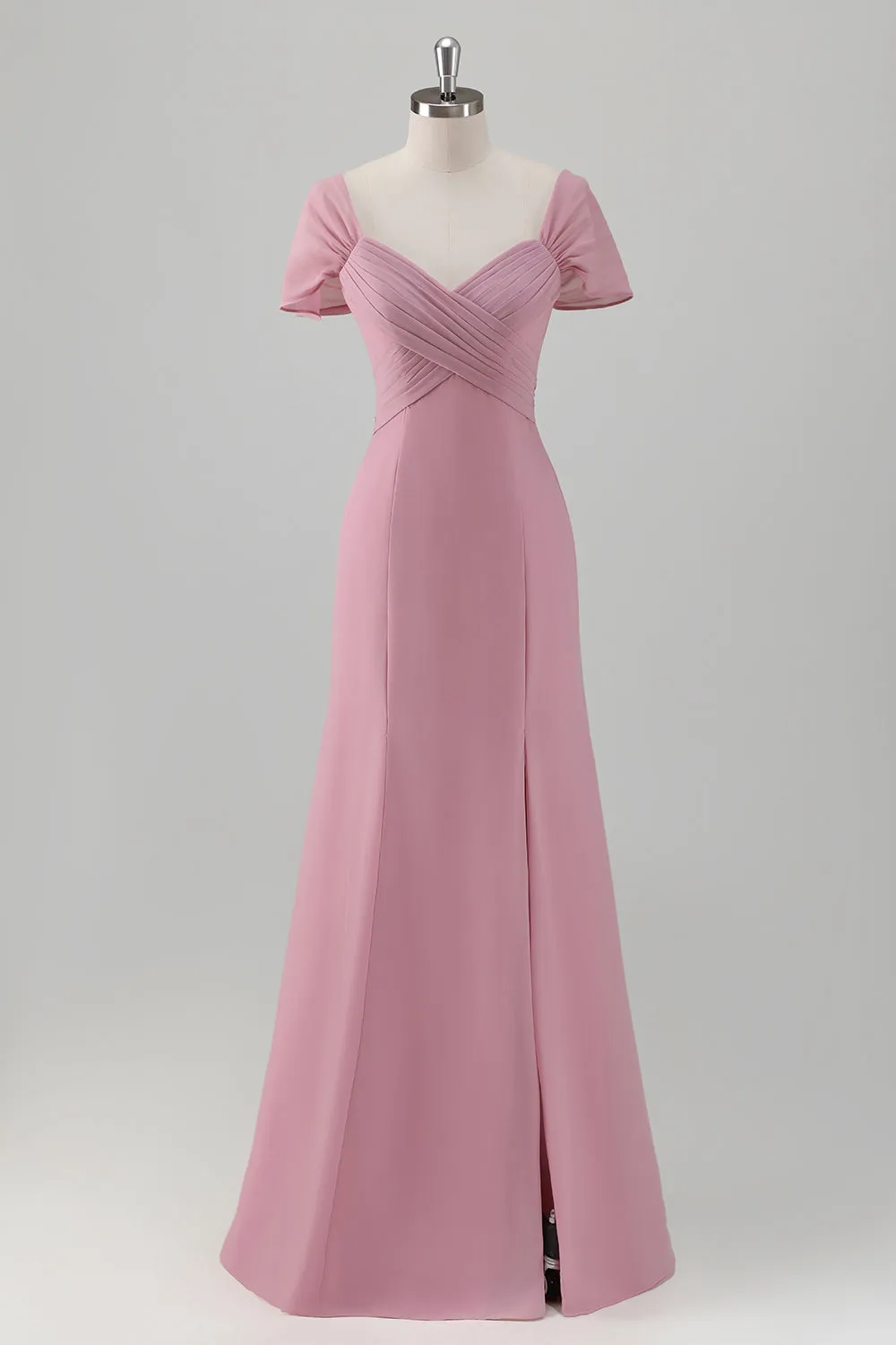 Chiffon Pink Off the Shoulder Sheath Bridesmaid Dress with Slit