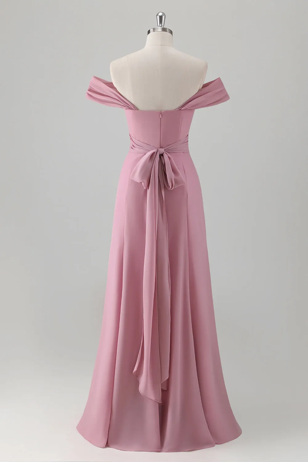 Chiffon Pink Off the Shoulder Sheath Bridesmaid Dress with Slit