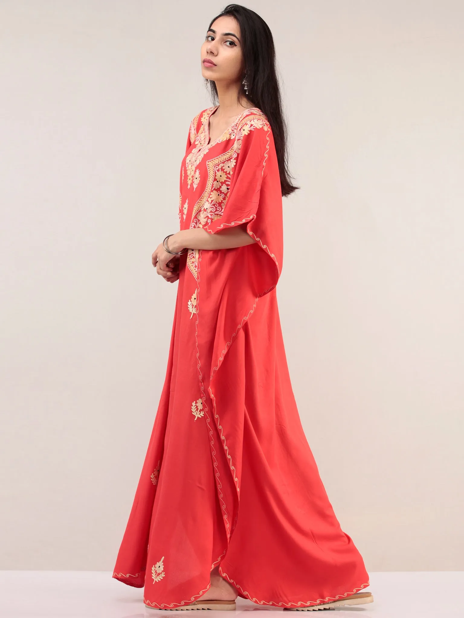 Coral Aari Embroidered Kashmere Free Size Kaftan  - K12K055