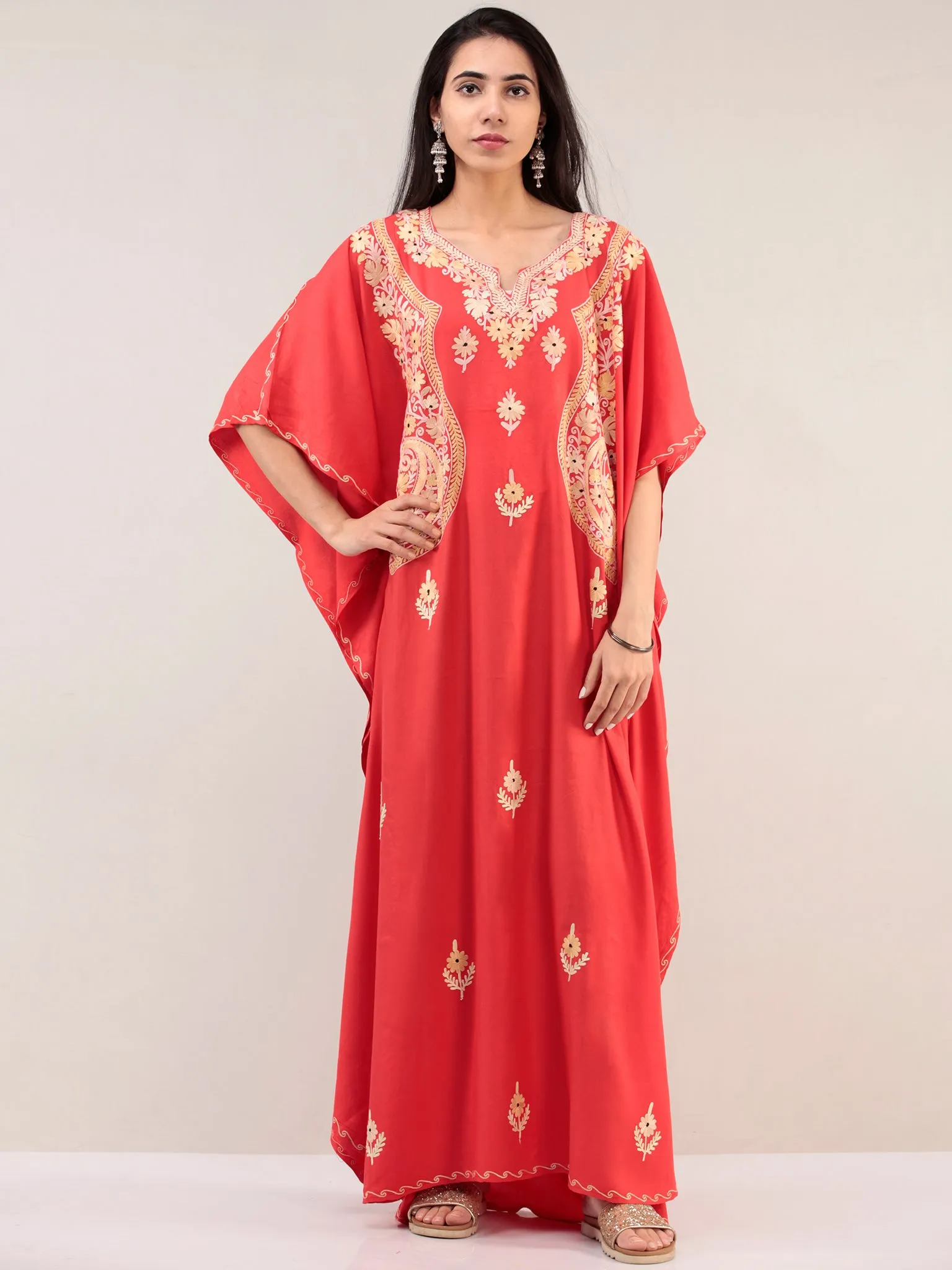 Coral Aari Embroidered Kashmere Free Size Kaftan  - K12K055